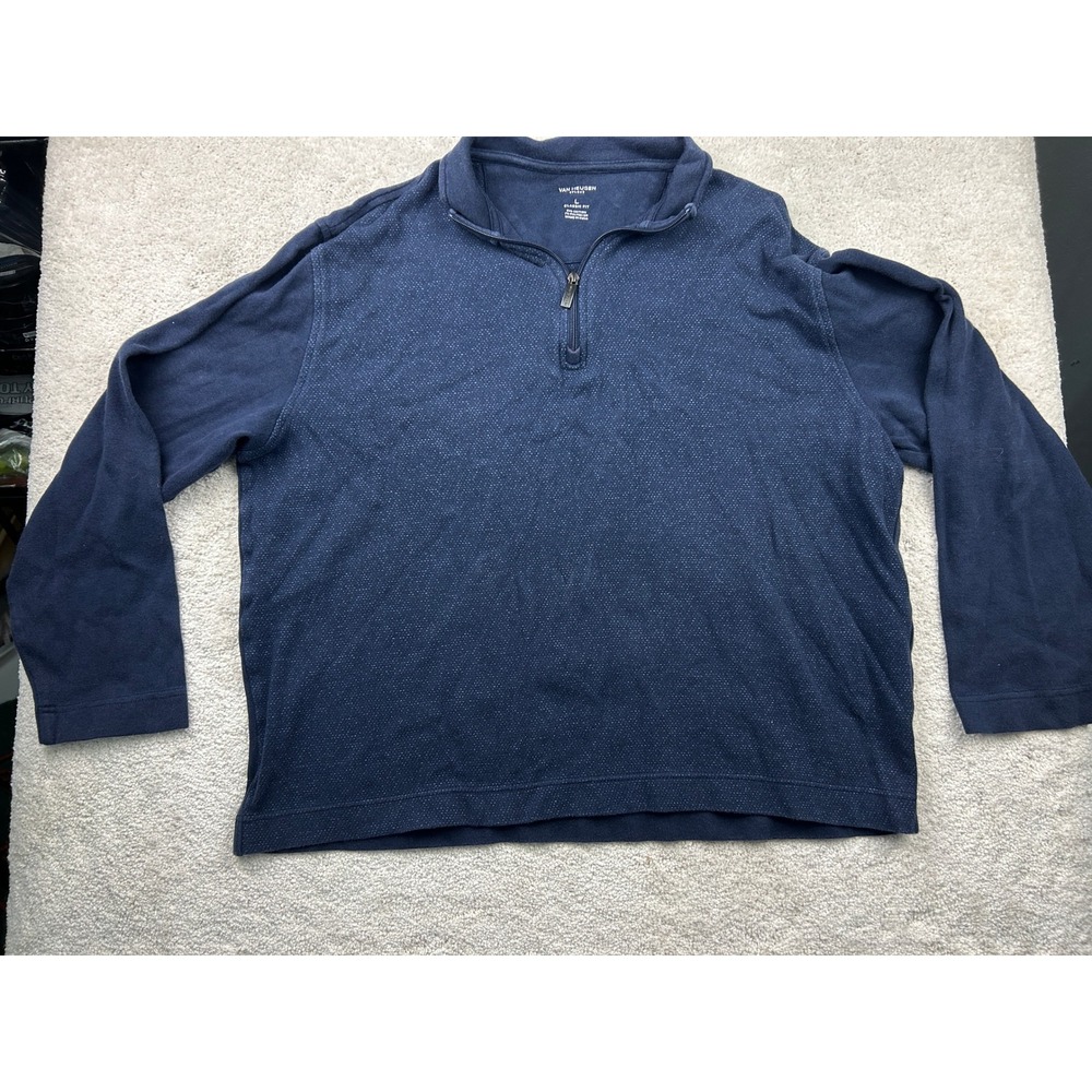 Van Heusen Flex Mens Large Navy Textured 1/4 Zip Pullover Cotton Blend